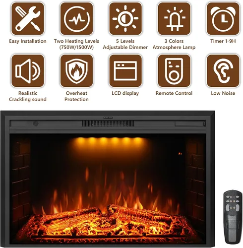 Miniatura 2 de Chimenea eléctrica de 50 pulgadas para pared, con control remoto, leña realista y sonido crepitante, protección contra sobrecalentamiento