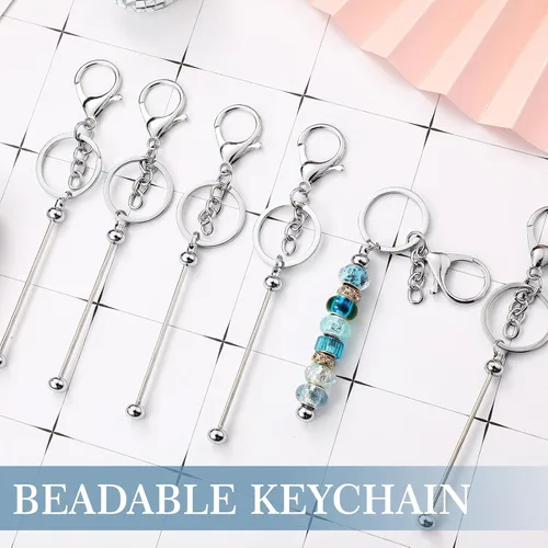 Miniatura 2 de Huwena 6 piezas de llaveros con cuentas, barras en blanco, llavero de cuentas de metal para colgante, manualidades, joyería, regalo Plateado