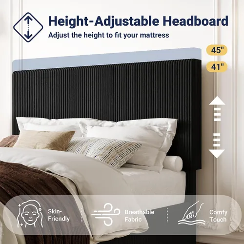 Miniatura 5 de Allewie Base de cama matrimonial, cama tapizada, cabecera capitoné de canal vertical ajustable, tela de pana, perfil bajo moderno, listones