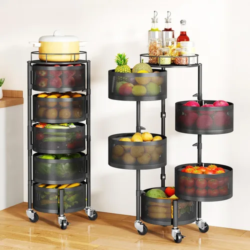 SAYZH Cesta de frutas y verduras para cocina, estante de almacenamiento giratorio, carrito rodante de 5 niveles con tapa superior, ruedas de alambre
