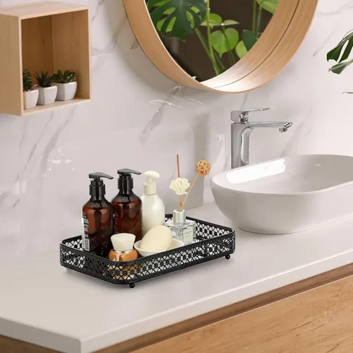 Miniatura 5 de ELLDOO - Bandeja negra para perfumes y maquillaje, bandeja de joyería con talla hueca, organizador de vidrio y metal para baratijas para cómoda