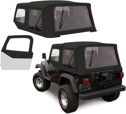 Miniatura 11 de Revestimiento superior estilo de fábrica Sierra Offroad para Jeep Wrangler TJ (1997-2002), funda blanda con vidrios polarizados, sin puertas Negro