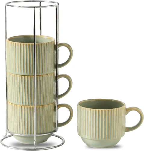 Miniatura 18 de Hasense Juego de tazas de café, juego de 4 tazas de té apilables con soporte - Juego de tazas grandes de cerámica acanaladas de 15 onzas para latte