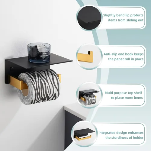 Miniatura 5 de Soporte de papel higiénico con estante para teléfono, color negro y dorado, dispensador de rollos de papel de acero inoxidable APLusee 304