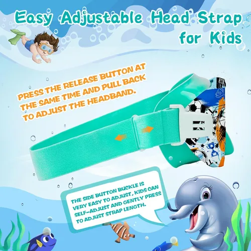 Miniatura 7 de Gafas de natación para niños con cubierta para la nariz, máscara de esnórquel panorámica de 180° con diseño antivaho y antifugas, correa de tela