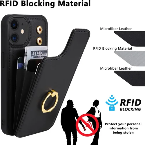 Miniatura 5 de Funda compatible con iPhone 11 con tarjetero y soporte para tarjetas, soporte de anillo de dedo de rotación de 360º, función atril, protección RFID