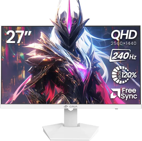 CRUA Monitor para juegos de 27 pulgadas y 240 Hz, pantalla IPS QHD 2560 x 1440, AMD FreeSync, 120% sRGB, altavoces integrados, filtro de luz azul,