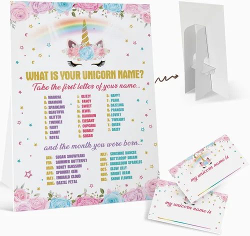 What is your Unicorn Name Game, juego de decoración de fiesta de cumpleaños de unicornio (1 letrero y 30 etiquetas de nombre), tarjetas de