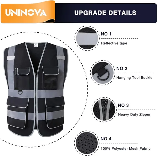 Miniatura 5 de Chaleco de seguridad de alta visibilidad, ropa de trabajo transpirable de malla reflectante con múltiples bolsillos, normas ANSI/ISEA