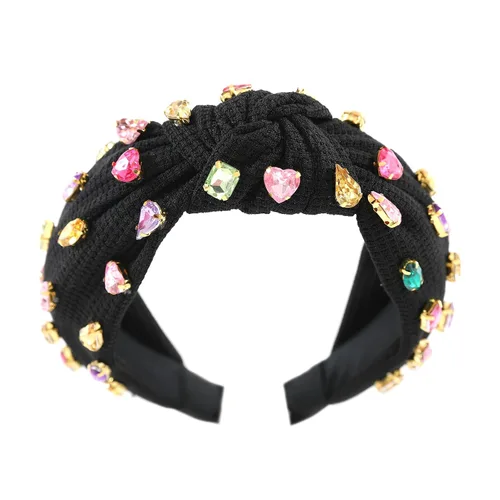 Miniatura 2 de Diadema anudada con joyas para mujeres y niñas, diadema de diamantes de imitación de cristal brillante, nudo superior ancho para mujer, diadema Negro