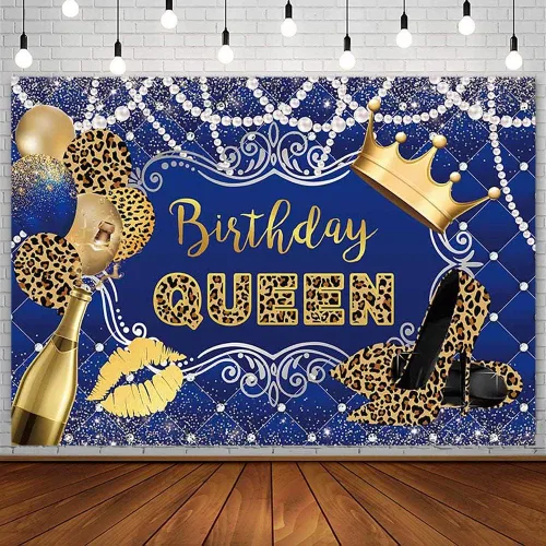 AIBIIN Telón de fondo de cumpleaños de 7 x 5 pies para mujer, niña, leopardo, azul rey y oro, corona de globos, champán, fondo de fotografía de