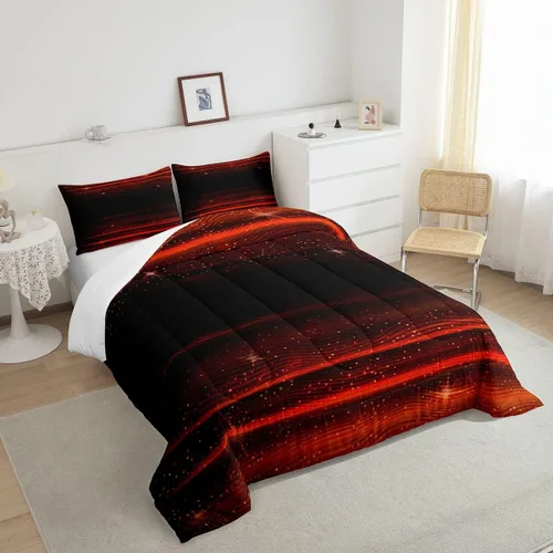 Miniatura 3 de Juego de edredón de color rojo y negro degradado, juego de ropa de cama de galaxia espacial para niñas, tamaño matrimonial, edredón geométrico
