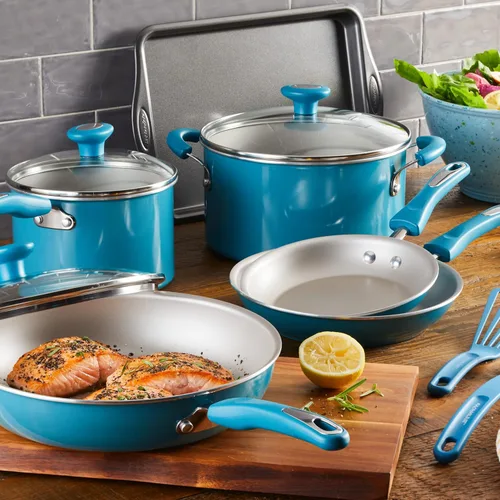 Miniatura 2 de Rachael Ray Get Cooking! Juego de ollas y sartenes antiadherentes, incluye bandeja para hornear y herramientas de cocina, 12 piezas, turquesa