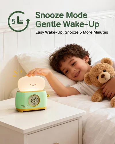 Miniatura 6 de Reloj Despertador para Niños, Lindo Reloj Despertador con Luz Nocturna de Tostada para Dormitorios, Reloj de Escritorio LED Pequeño Recargable