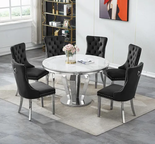 Miniatura 10 de Henf Juego de mesa de comedor redonda de mármol para 6, moderna mesa de comedor de 45 pulgadas con base de acero inoxidable con diseño de diamante