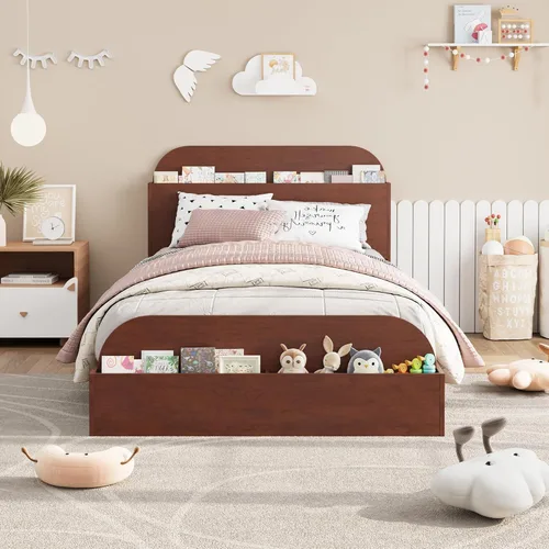 Miniatura 3 de Estructura de cama Garvee tamaño individual con cabecero y estribo – Cama de plataforma baja para niños, diseño de piso doble de madera, sin ruido