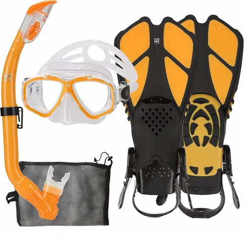 Miniatura 11 de Juego de esnórquel para niños con máscara, aletas, paquetes de esnórquel, con máscara de buceo, esnórquel, aletas ajustables para nadar, bolsa