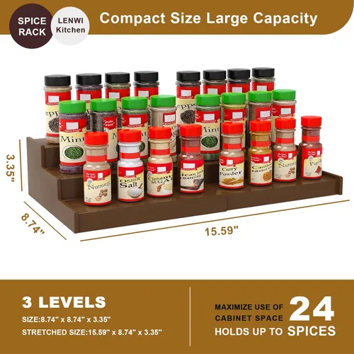 Miniatura 5 de Lenwi Organizador de estante de especias para gabinete, de 3 niveles expandibles de bambú, ideal para gabinete de cocina, armario, despensa y más