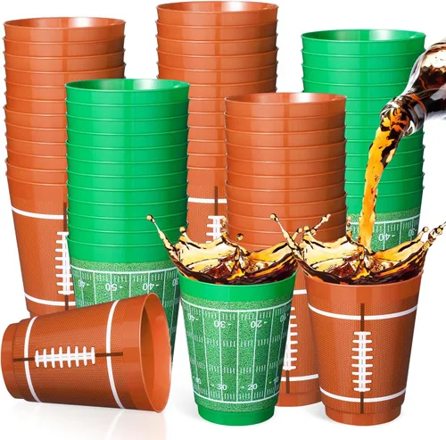 Nuenen Juego de 24 tazas de plástico de fútbol de 16 onzas, juego de fiesta de fútbol con temática de rugby, taza esmerilada de plástico