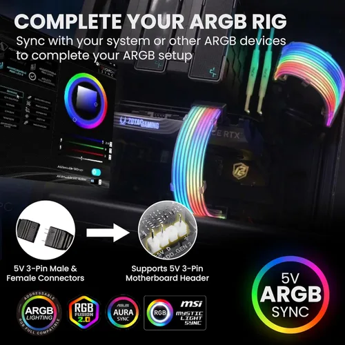 Miniatura 6 de TECWARE Kit de cubierta de cable RGB Flex Compatible con placa base de 24 pines y GPU de 8 pines/16 pines Extensión de cable PSU ARGB