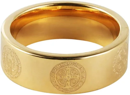 Miniatura 2 de HZMAN Anillo de exorcismo de San Benito para hombre, de acero inoxidable, cruz católica, romana, protección de demonios, cazador de fantasmas, oro
