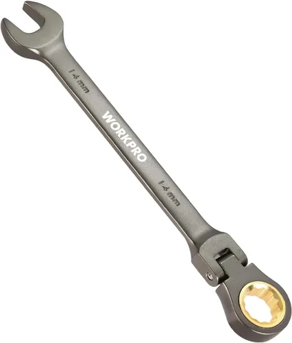 WORKPRO Llave combinada de trinquete de cabeza flexible de 14 mm, construida en Cr-V, niquelada, 72 dientes, diseño de 12 puntas, métrica