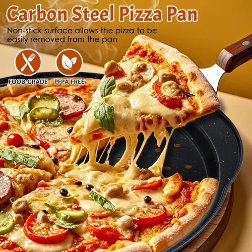 Miniatura 4 de hunnycook 2P sartenes para pizza antiadherentes - Bandeja redonda de pizza de 12" con agujeros y asa, sartén de pizza de acero al carbono
