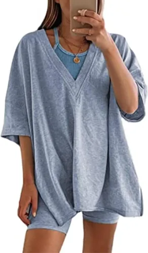 Yozazzy Conjunto de dos piezas para mujer, camiseta de gran tamaño, cuello en V, pantalones cortos de ciclista, conjuntos reversibles de