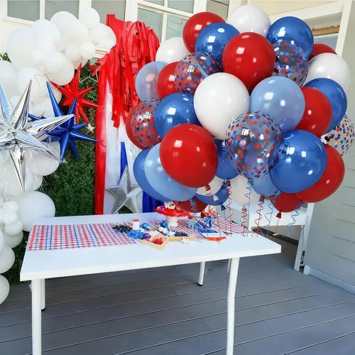 Miniatura 5 de Globos Rojos, Blancos y Azules, 12 Pulgadas, Globos de Helio de Látex con Confeti Metálico Perlado Azul Rojo Blanco para Jubileo de Platino Azul