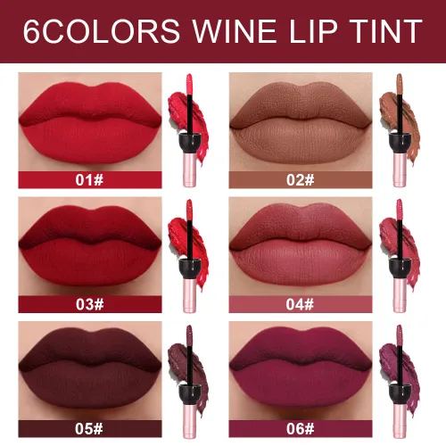 Miniatura 2 de Juego de 6 labiales líquidos de larga duración para mujeres; juego de brillos labiales líquidos permanentes y que duran 24 horas, color rojo vino