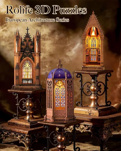Miniatura 7 de Rolife Rompecabezas de madera 3D, modelo de arquitectura de catedral de geometría con luces LED, kit de construcción de manualidades para adultos
