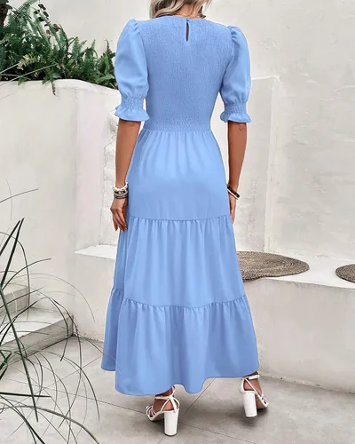 Miniatura 9 de BTFBM Vestidos para mujer, cuello redondo, casual, de verano, con volantes, manga corta, bohemio, con niveles, fruncido, largo, con estampado floral