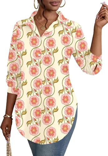 Miniatura 8 de Rooscier Blusa larga con cuello en V para mujer, manga larga, abertura lateral, con botones