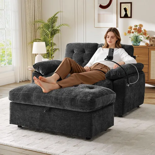 Miniatura 15 de Chaise Lounge Chair para interiores con puerto USB y soporte para teléfono, sillón reclinable pequeño de felpilla con otomana de almacenamiento