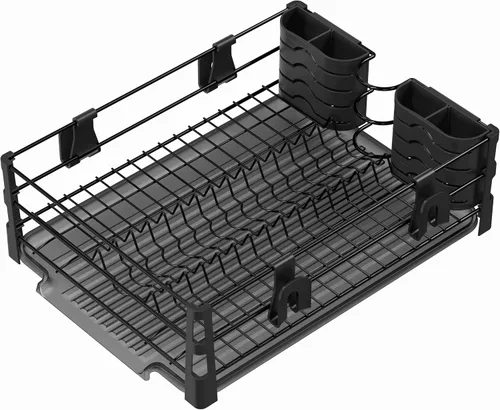 Miniatura 4 de SIMPLE HOUSEWARE Escurridor de platos con escurridor, soporte para utensilios y ganchos para tazas, organizador de mostrador de cocina de metal negro