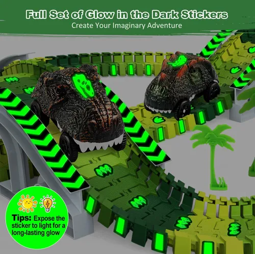 Miniatura 3 de Juguetes de dinosaurio para niños de 3 a 5 años, juego de pista de tren flexible que brilla en la oscuridad, 2 autos de dinosaurio para niños