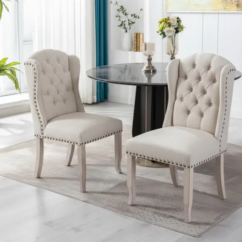 Ya-Home Juego de 2 sillas de comedor copetudas, sillas de comedor tapizadas de lino, sillas de comedor modernas de mediados de siglo con adornos de
