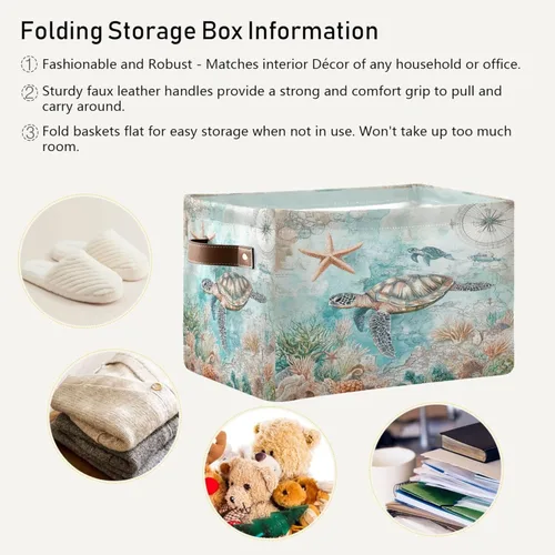 Miniatura 4 de Cesta de almacenamiento temática náutica de tortuga marina, cesta de tela, contenedor de almacenamiento, organizador de cajas plegables de estrellas