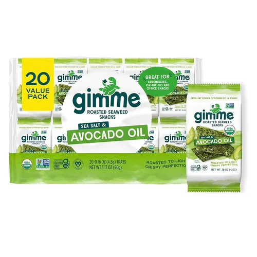 Miniatura 11 de Gimme Algas Marinas Orgánicas Premium Tostadas, Sal Marina, 20 Unidades, Keto, Vegano, Sin Gluten, Gran Fuente de Omega3 y Yodo, Aperitivo Saludable