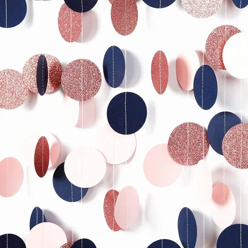 Miniatura 5 de Banderín de papel azul marino, rosa y oro rosa, paquete de 2 banderines de triángulo con purpurina, 52 pies de revelación de género colgante