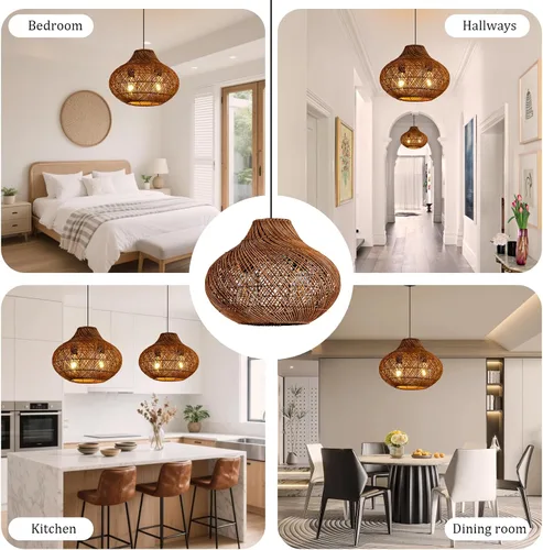Miniatura 8 de Lámpara Colgante de Ratán Marrón Oscuro de 2 Luces, 14.96" Luz Colgante Redonda Rústica, Lámpara Colgante de Mimbre Curry Candelabro de Ratán Tejido