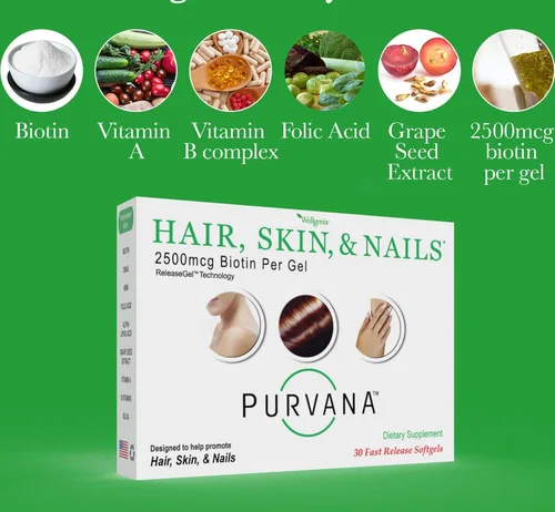 Miniatura 3 de Wellgenix Purvana Suplemento para la piel y las uñas – 2500 mcg de biotina cápsulas blandas con MSM y complejo B – Soporte diario de belleza