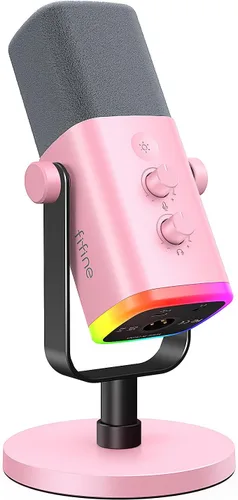 FIFINE - Micrófono XLR/USB de PC para grabación de juegos con conector para auriculares, botón de silencio, RGB dinámico, de transmisión para Rosa