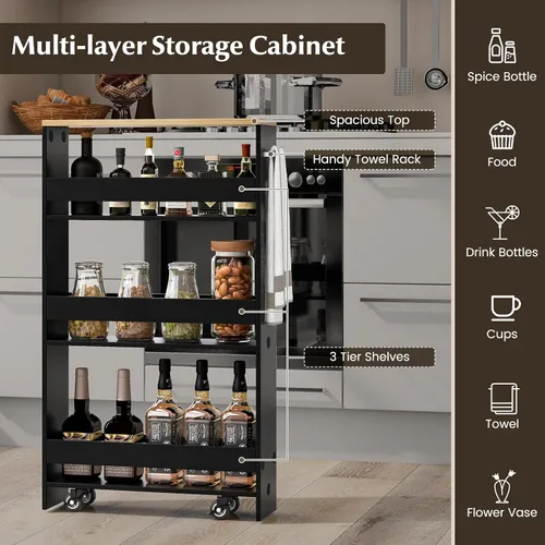 Miniatura 5 de LOKO Carrito de almacenamiento delgado, carrito rodante de 4 niveles con asa y parte superior de madera para cocina, baño, lavandería, sala de negro