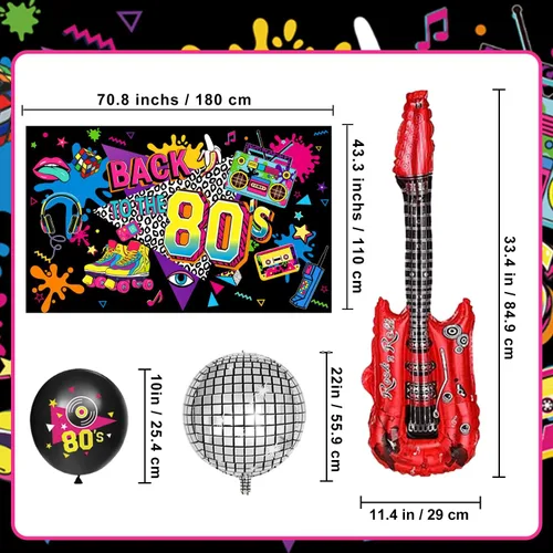 Miniatura 3 de Las decoraciones de fiesta de los años 80 incluyen telón de fondo, pancarta, espirales colgantes, globos de aluminio y látex, adornos para pasteles