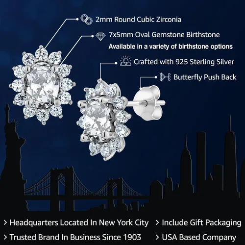 Miniatura 72 de Gem Stone King Aretes ovalados de plata de ley 925 de 0.276 x 0.197 in con piedra natal de la princesa Diana, estilo halo real para mujeres