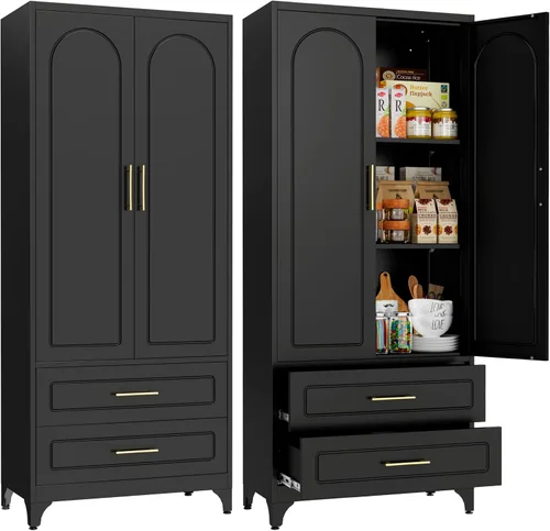 Miniatura 27 de SteeLoong - Gabinete de almacenamiento de metal con cajones, gabinetes de despensa negros de 75 pulgadas para almacenamiento de cocina con 3