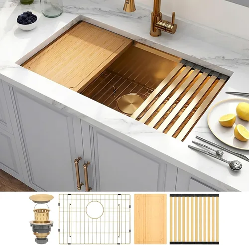 Miniatura 21 de Fregadero de barra de montaje inferior, fregadero de barra dorada de 15 pulgadas, fregadero de cocina de 15 x 15 x 9 pulgadas, fregadero de cocina