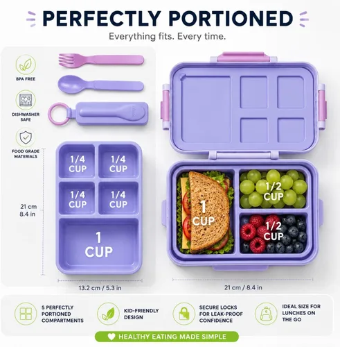 Miniatura 2 de ovve Lonchera Bento para niños y cubiertos – Lonchera para niños a prueba de fugas, insertos intercambiables, sin BPA, recipientes aptos para Púrpura