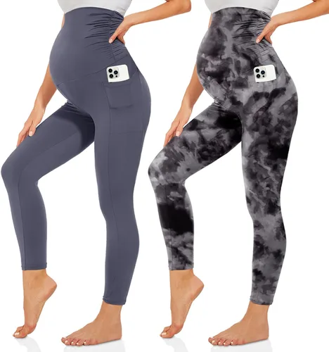 Happy.angel Paquete de 2 leggings de maternidad con bolsillos sobre el vientre, pantalones negros para mujer, para entrenamiento, yoga, embarazo